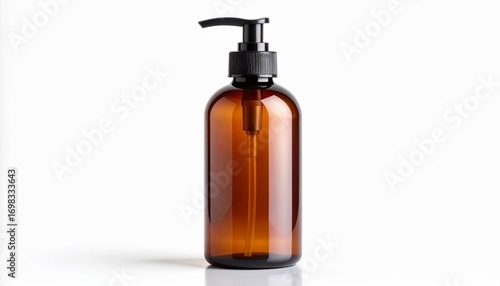Wallpaper Mural A single amber cosmetic pump bottle standing on a reflective white surface, ideal for branding mockups for skincare or beauty products Torontodigital.ca