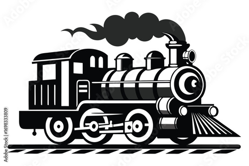 Vintage steam locomotive train black and white illustration railroad transportation