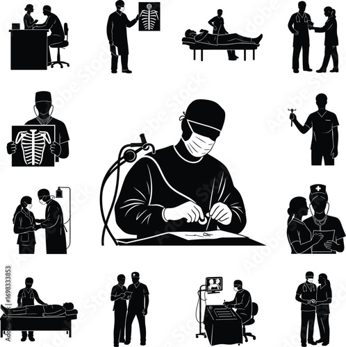 Silhouette medical professionals, surgeons operating, doctors examining X-rays, nurses assisting patients, healthcare teamwork, hospital staff, medical care vector illustration.