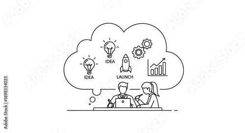Business team brainstorming a startup concept with idea lightbulbs a launch rocket and a growth chart.
