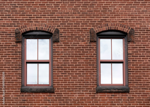 Symmetric architectural detail featuring double-hung windows in a textured brick facade in Boston, Massachusetts, USA
