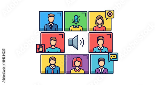 Colorful icon illustration of a virtual meeting grid with participant avatars and status symbols.