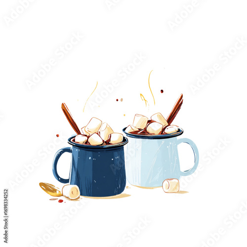 Two mugs of hot chocolate with marshmallows and cinnamon sticks  