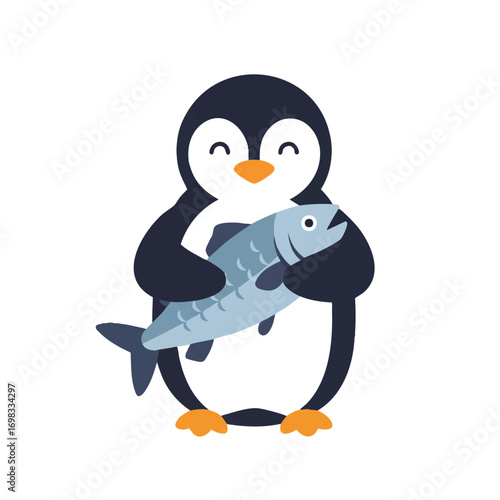 A cheerful penguin proudly holds a large, freshly caught fish in its flippers, presented as a vibrant 2D flat vector illustration with clean outlines on a crisp white background.
