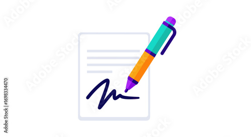 Colorful Pen Signing Document with Handwritten Signature.