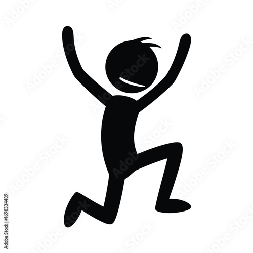 Happy stick man kneeling in triumphant celebration with raised arms. Simple black silhouette character expressing joy and success. Vector graphic pictogram