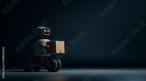 Robot carrying a cardboard box in dark, minimalistic environment  