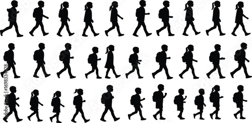 Children walking with backpacks silhouette vector illustration, school kids group design, students going to class, education lifestyle artwork for learning themes