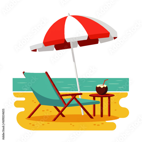 Illustration of a beach scene with a beach chair, umbrella, coconut drink, and a small table, set against a sea backdrop.