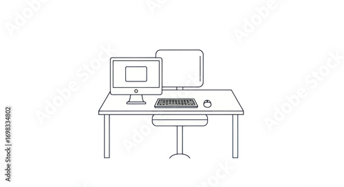 Minimalist Line Art Computer Desk Setup with Dual Monitors and Office Chair.