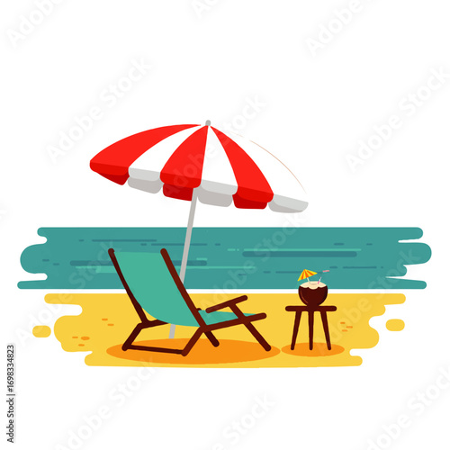 Illustration of a beach scene with a red and white umbrella, lounge chair, coconut drink, and the ocean.