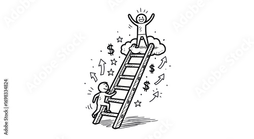 Hand-drawn Illustration of Two Figures Climbing a Ladder to Success.