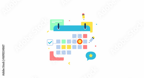 Stylized calendar icon with a circled date pencil and star reminder for organization and time management.