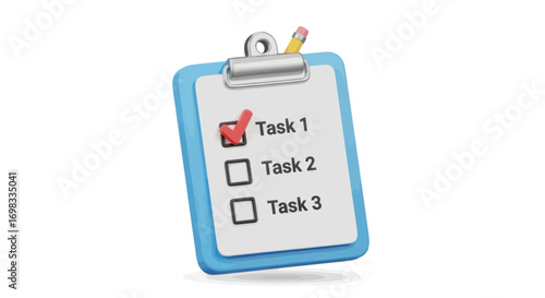Blue clipboard with a checklist showing the first task completed with a red checkmark.