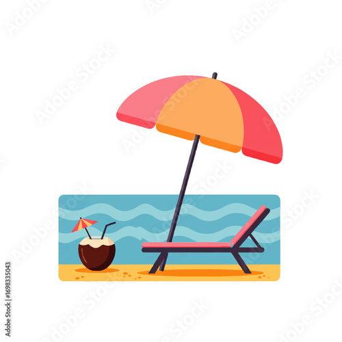 A cartoon illustration depicts a beach scene with a pink and orange umbrella, a pink beach chair, a coconut drink, and blue waves.