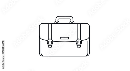 A simple black line art icon of a classic business briefcase with straps and buckles.