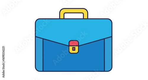 A modern blue briefcase with a yellow handle and red clasp.