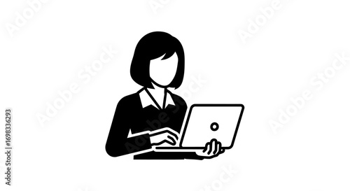 Faceless businesswoman in a suit working on a laptop computer icon.