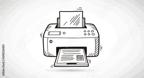 Hand-drawn illustration of a modern office printer with paper output.