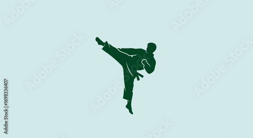 Dynamic green silhouette of a martial artist executing a high kick.
