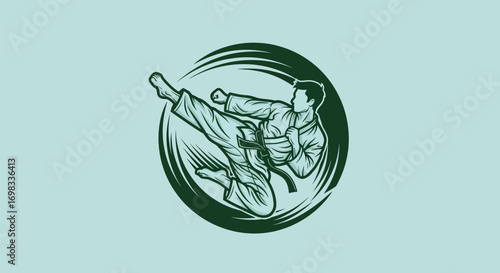 Dynamic martial arts fighter executing a powerful high kick.