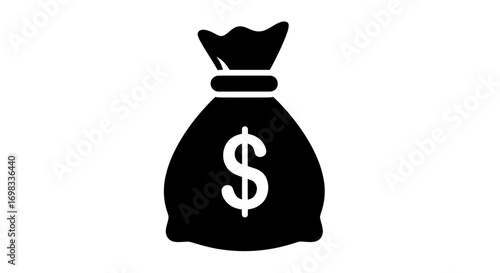 A simple black silhouette icon of a tied money bag with a prominent white dollar sign symbol.