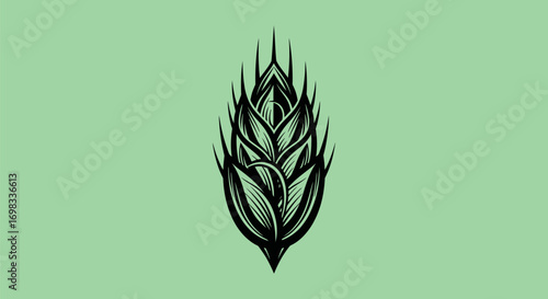 Stylized hop cone illustration in a vintage woodcut style.