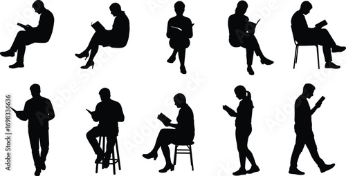 People reading books silhouette vector illustration, men and women sitting and standing, education design, literature artwork, study lifestyle concept for learning