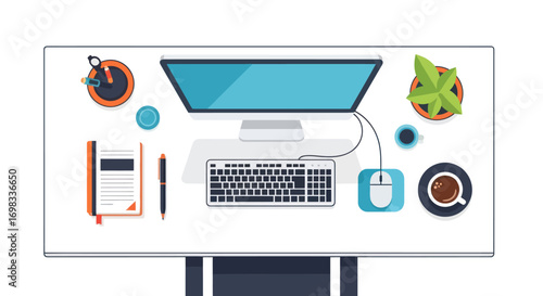 Organized Workspace with Computer and Accessories.