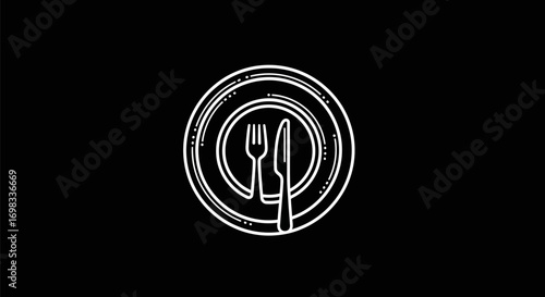 Hand drawn sketch icon of a plate with fork and knife.