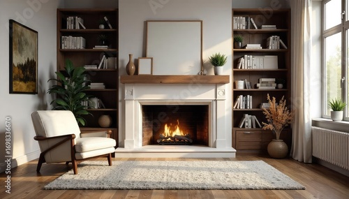 Cozy Living Room Fireplace Virtual Background Relaxing Armchair, Bookshelves, Perfect for Online Meetings, Streaming, and Virtual Events. Ideal for a Warm and Inviting Atmosphere.