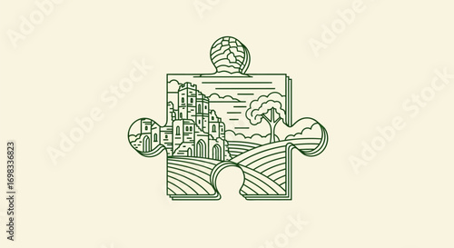 Puzzle piece with landscape and village illustration.