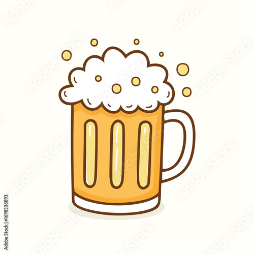 Cartoon beer mug icon. Cute doodle vector illustration of a frothy stein, isolated on a light background.