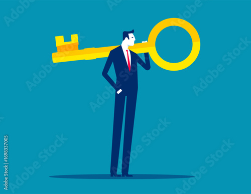 Businessman holding giant key on shoulder