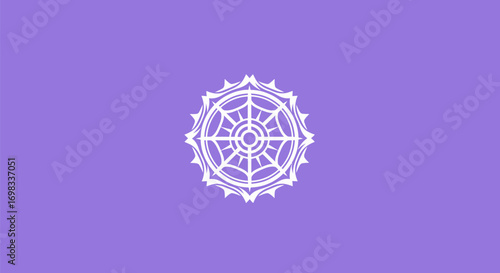 Intricate White Dharmachakra Spiritual Wheel Symbol Illustration.