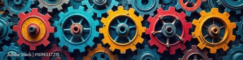 A diverse team of gears seamlessly meshing together, representing the complex yet efficient process of system integration , alignment, design
