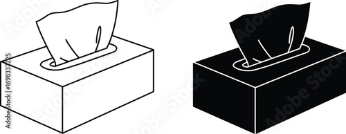 Tissue box with paper sheet silhouette vector illustration, black and white hygiene object design, household napkin container for cleaning and healthcare