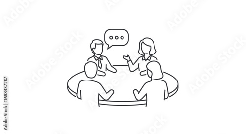 Line art illustration of people in a business meeting discussing around a table.