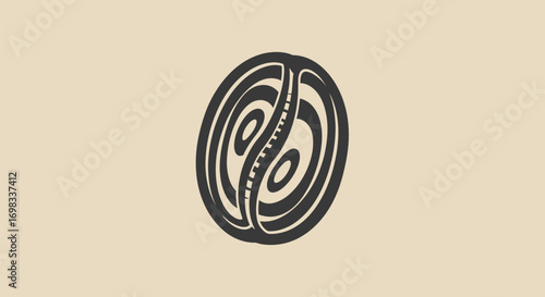 Abstract oval symbol with swirling lines and central dotted pattern.
