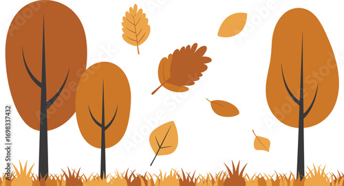 Autumn forest illustration with trees, falling leaves, seasonal foliage background, flat vector design, decorative nature landscape, fall season outdoor scene