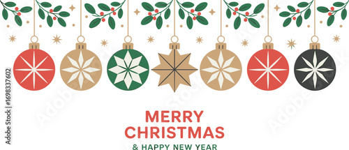 Merry Christmas greeting card, festive holiday ornaments with mistletoe decoration, New Year celebration vector, winter season background, seasonal invitation design