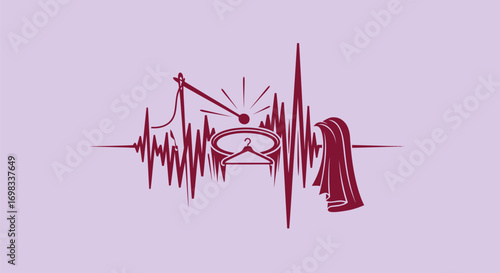 Heartbeat line with Islamic symbols and scales of justice.