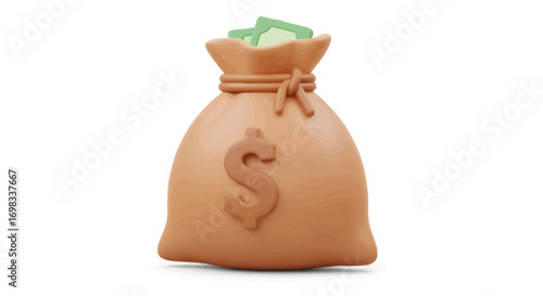 Tan Money Bag with Dollar Sign and Cash.