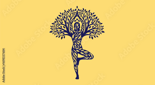 Woman in tree yoga pose silhouette with branches and leaves.