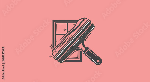 Hand drawn squeegee cleaning a sparkling glass window illustration.