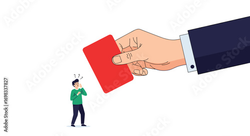 Man receives red card from giant hand symbolizing termination or rejection in business context