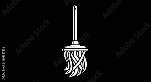 Simple white line art illustration of a cleaning mop.