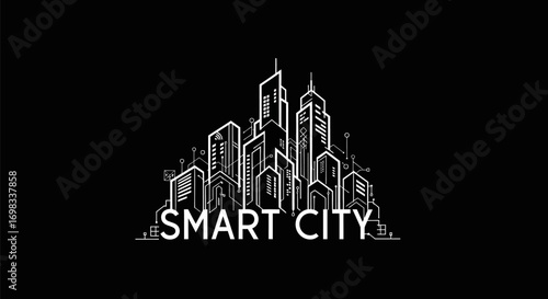 Hand drawn sketch illustration of a modern smart city skyline.
