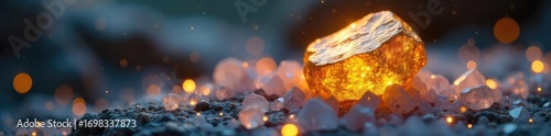 A gleaming golden nugget rests on a bed of sparkling crystals, representing the precious nature of innovative ideas and their potential for great value ,  discovery,  creativity,  lustrous