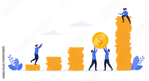 Illustrating the concept of business growth and financial success through teamwork and investment strategies